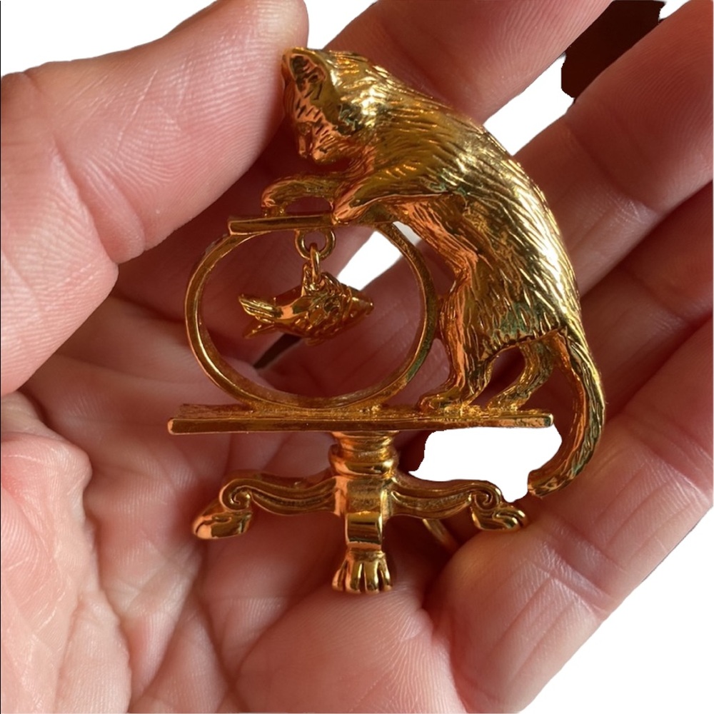 Vintage Cat and Fishbowl Gold Pin